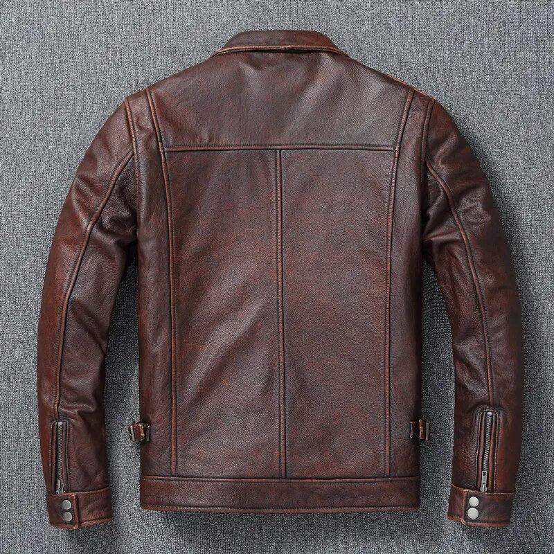 Authentic Bovine Leather Coat - Genuine Durable Leather Jacket (Brown XS) - Jacket | Zavonix