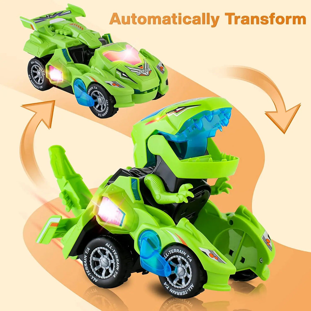 Green toy car and dinosaur robot modes linked by arrows showing automatic transformation