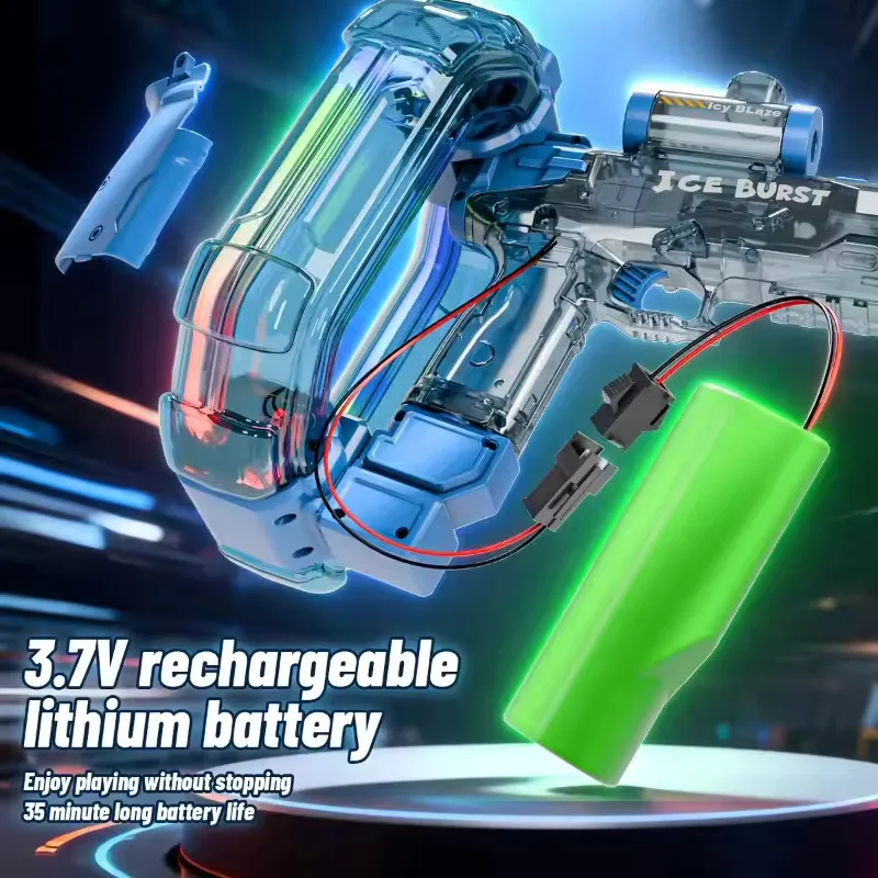 Battery compartment and rechargeable lithium-ion battery shown with a transparent water gun.