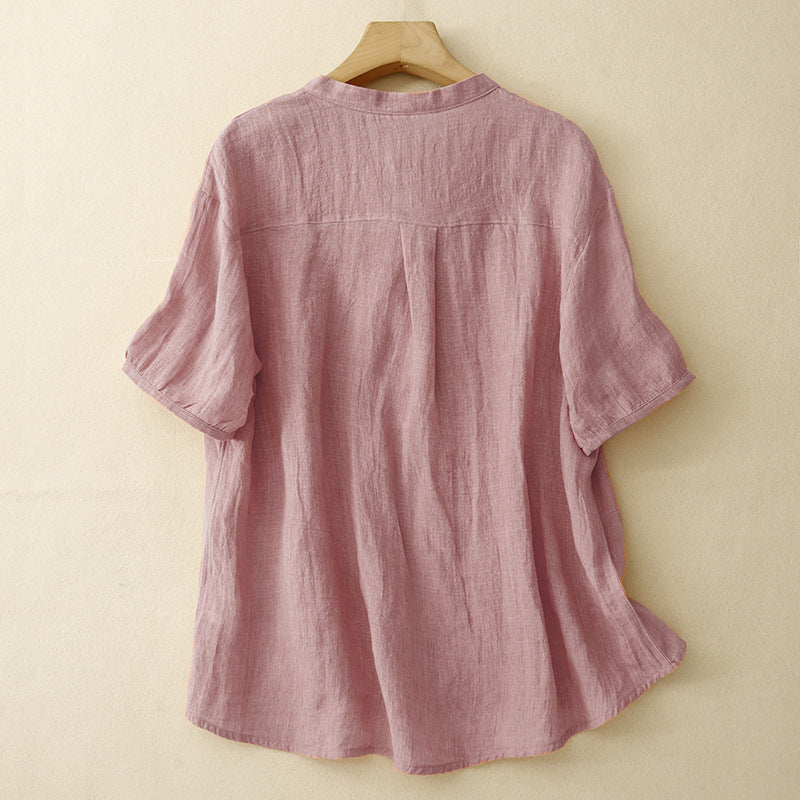 Lightweight Linen Blouse with Adjustable V-Neck and Rolled Sleeves