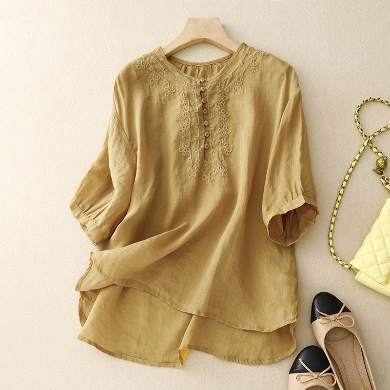 Mid-Sleeve Linen Blouse with Tonal Embroidery and Button Accents