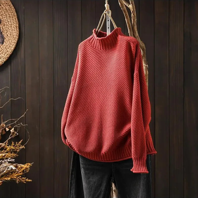 Cotton Knit Sweater with Intricate Texture and Relaxed Fit