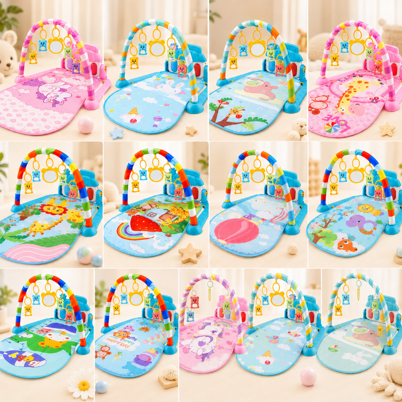 Assortment of pink and blue baby play gyms with illustrated mats, hanging toys, and pianos