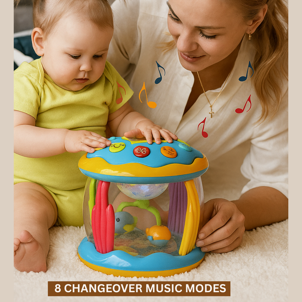 Baby and adult exploring a musical carousel with colorful top buttons