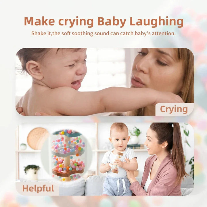 Caregiver and baby shown with a rainstick rattle and a close-up of its colorful beads