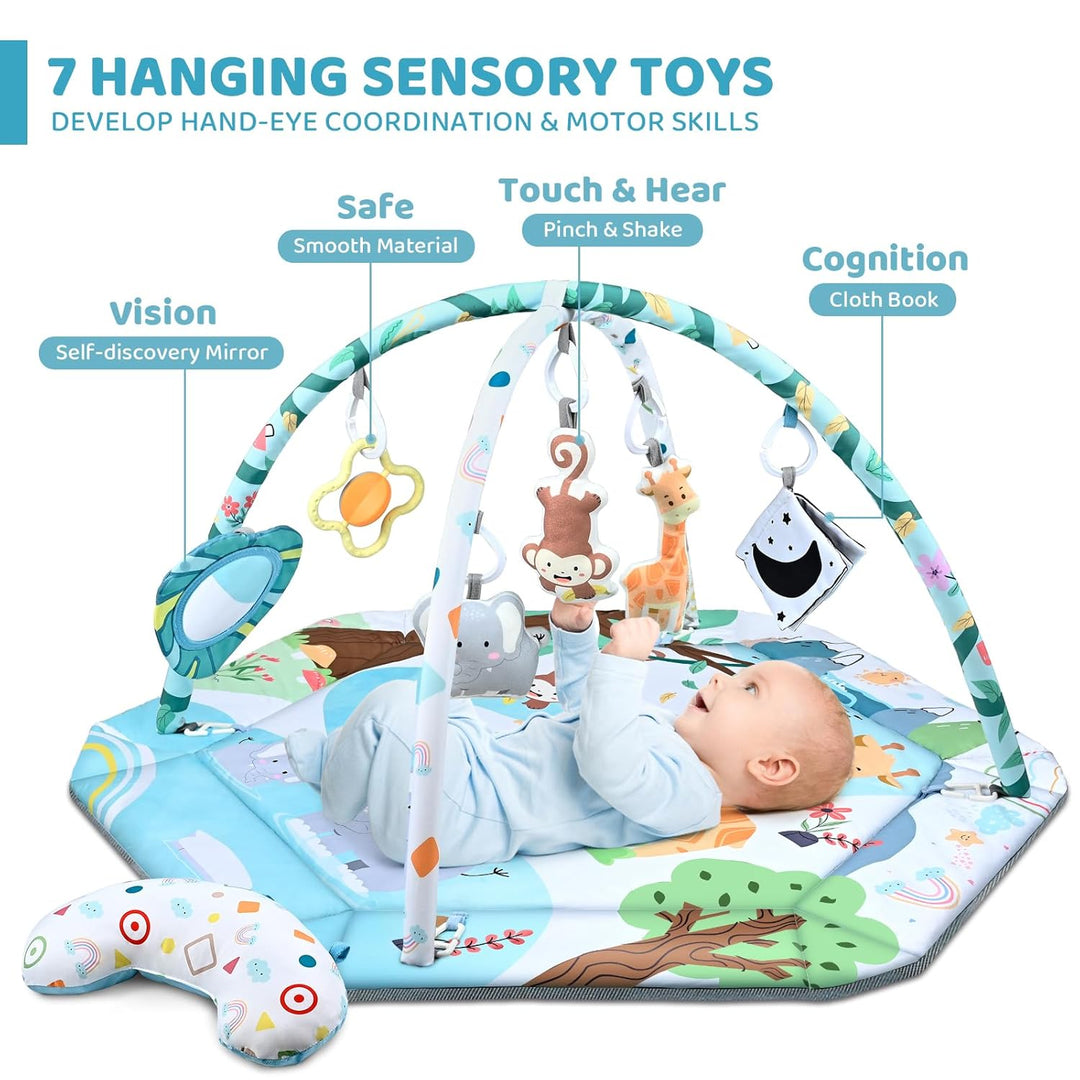 Baby beneath an animal-print gym with callouts highlighting a mirror, cloth book, and hanging toys