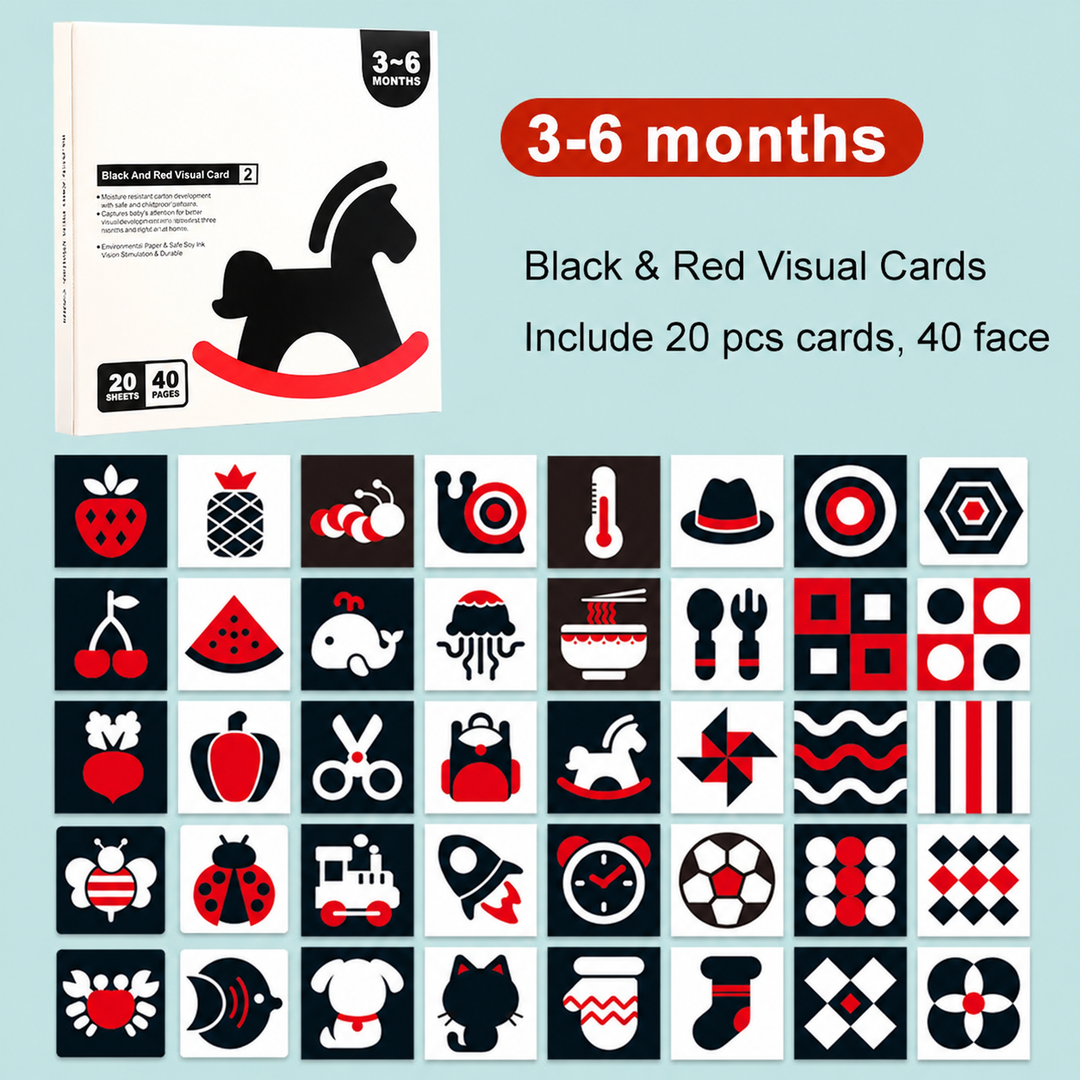 Black-and-red visual cards for ages 3–6 months with fruit, animals, objects, and geometric patterns.
