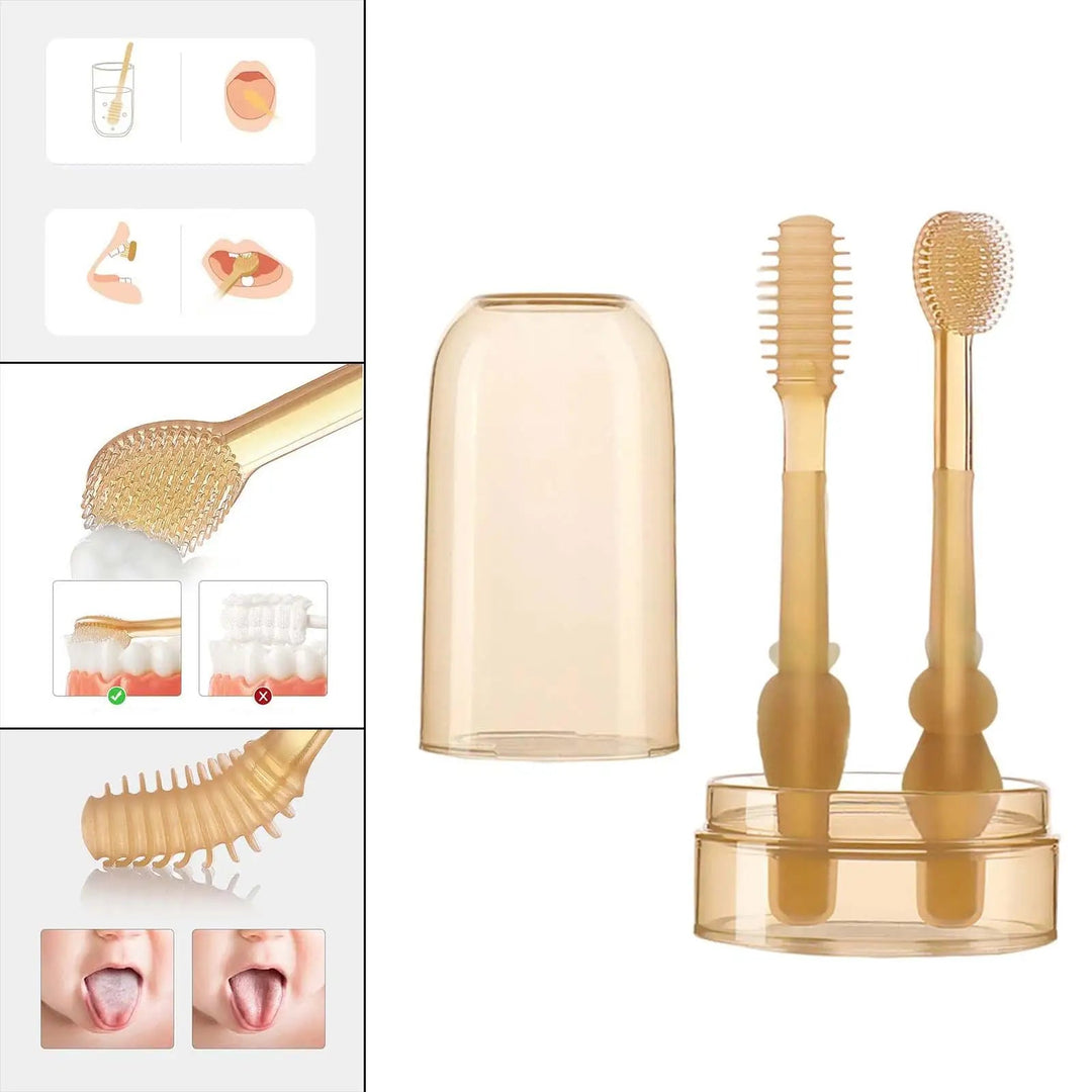 Baby toothbrush set with a storage cup, separate cover, bristle close-ups and brushing illustrations