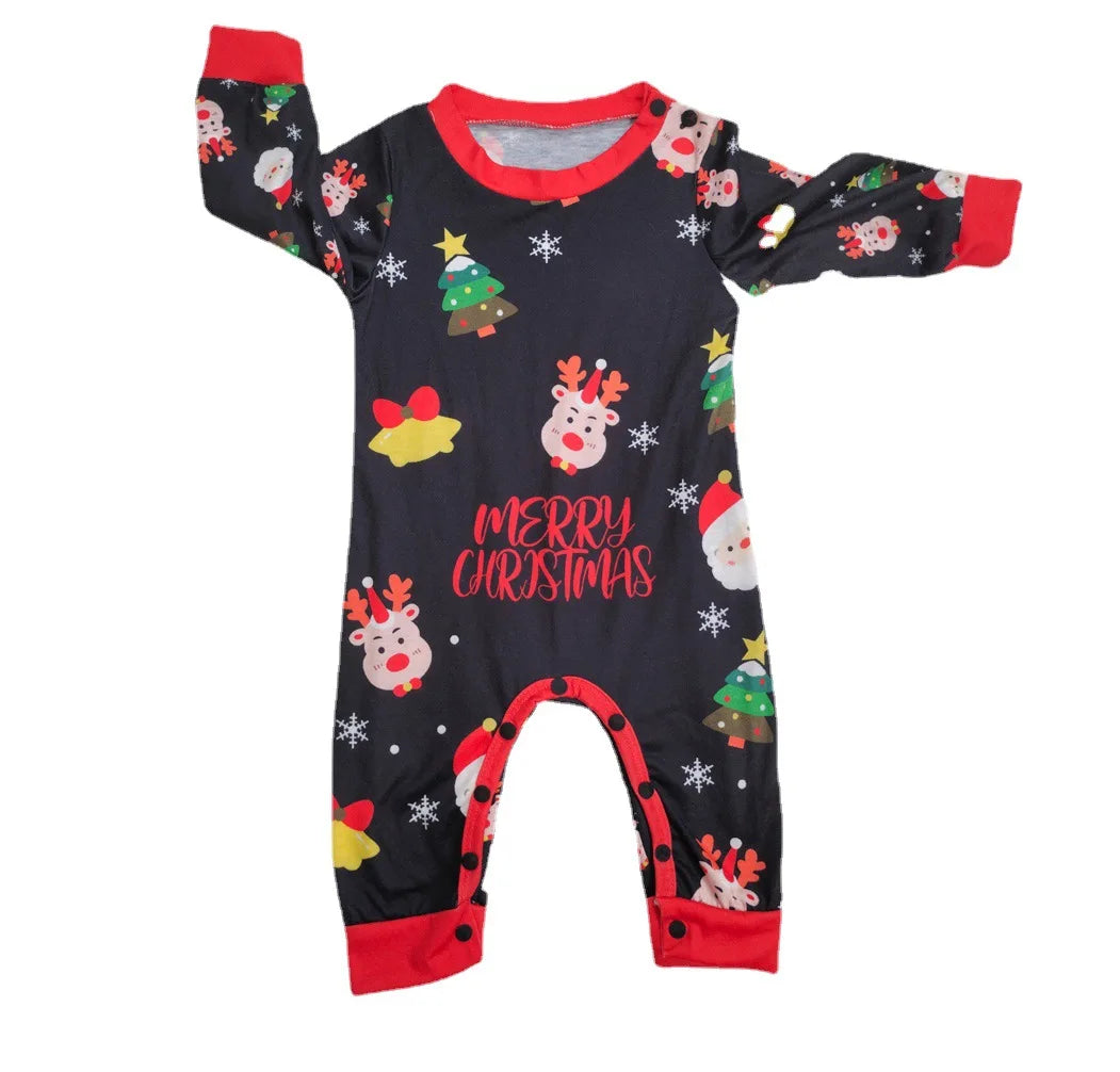 Black long-sleeve baby Christmas one-piece with red trim and colorful holiday motifs