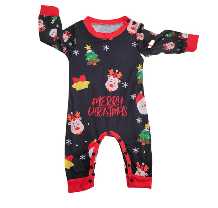 Black long-sleeve baby Christmas one-piece with red trim and colorful holiday motifs