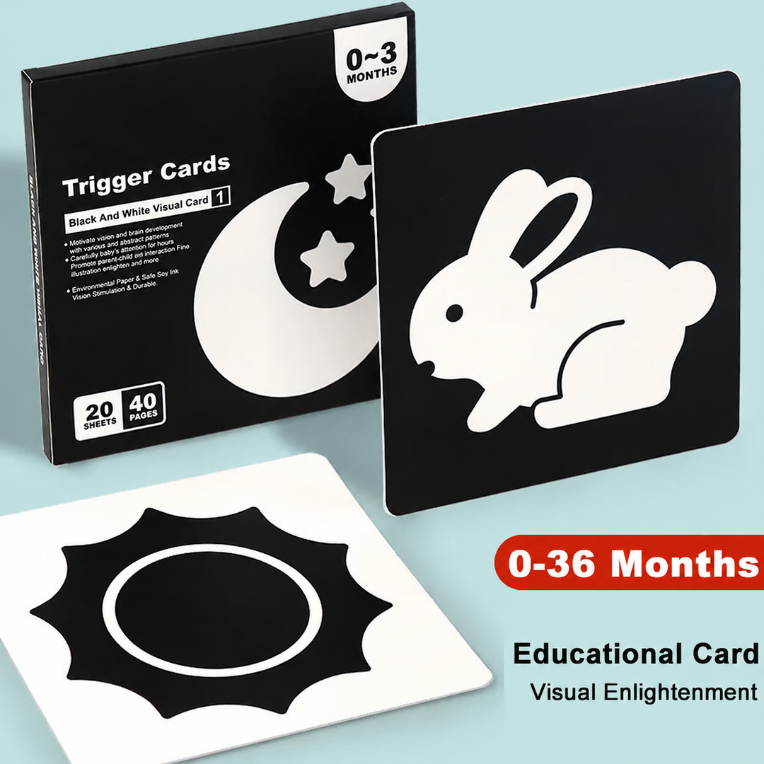 Black-and-white baby visual cards featuring a rabbit, moon, stars, and a bold circular pattern.