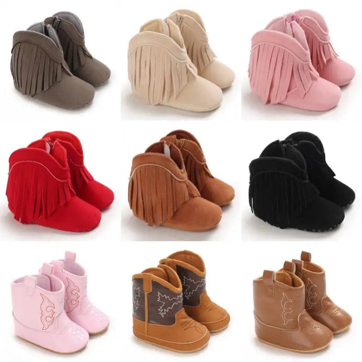 Baby cowboy boots in several colors, with fringe-trimmed and western-stitched styles