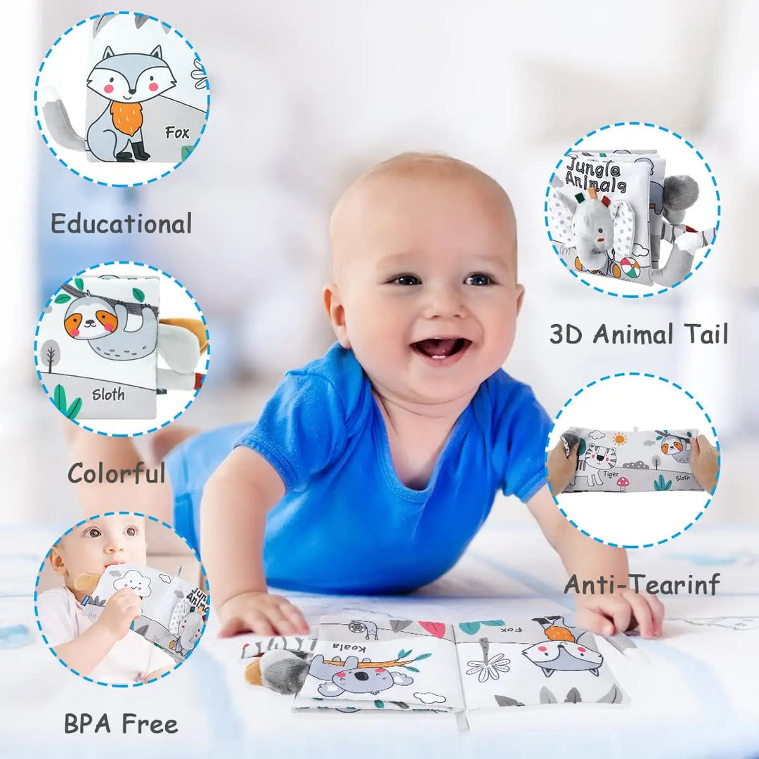 Baby playing with an open animal fabric book beside close-ups of illustrated pages and textured tails
