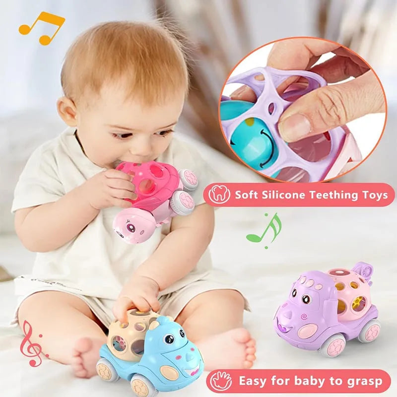 Baby exploring animal toy cars with an inset showing a hand gripping the open top