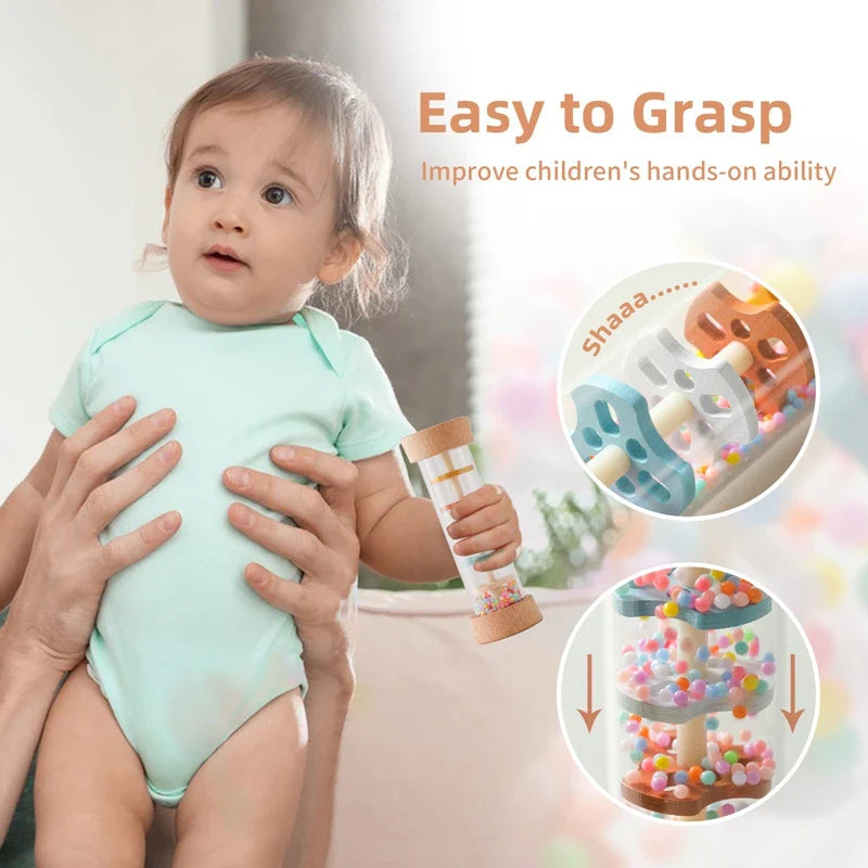 Baby holding a rainstick rattle, with close-ups of the colorful pieces and beads inside