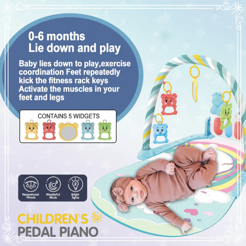 Baby lying beneath a play arch in a graphic labeled for 0-6 months