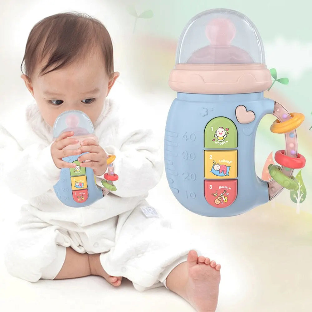 Baby holding a blue musical bottle toy beside a close-up showing its mouthpiece, buttons, and handle.