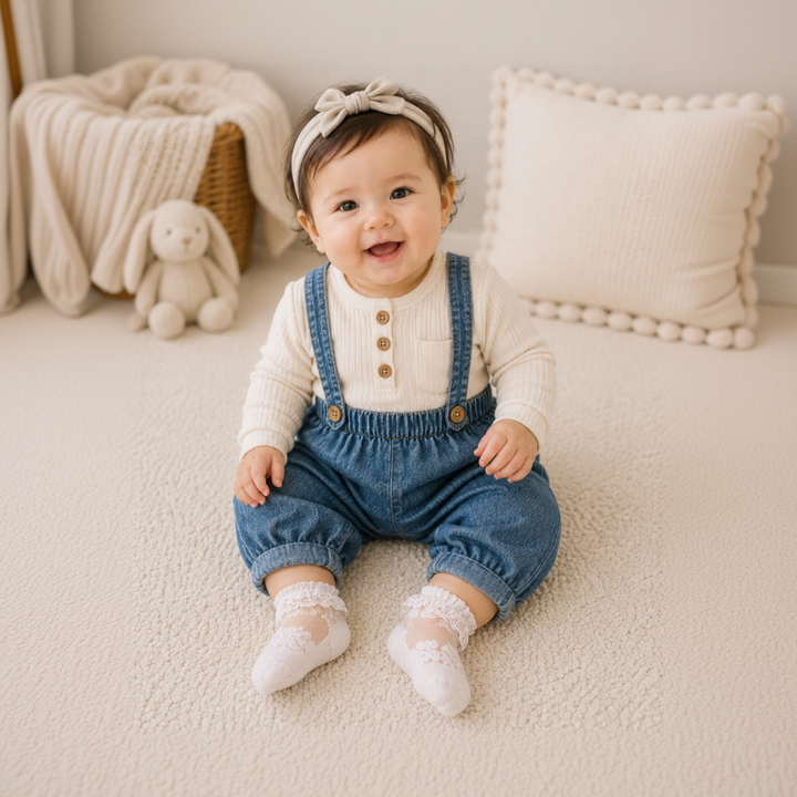 Baby in denim overalls wearing white ruffled lace socks on a sofa.