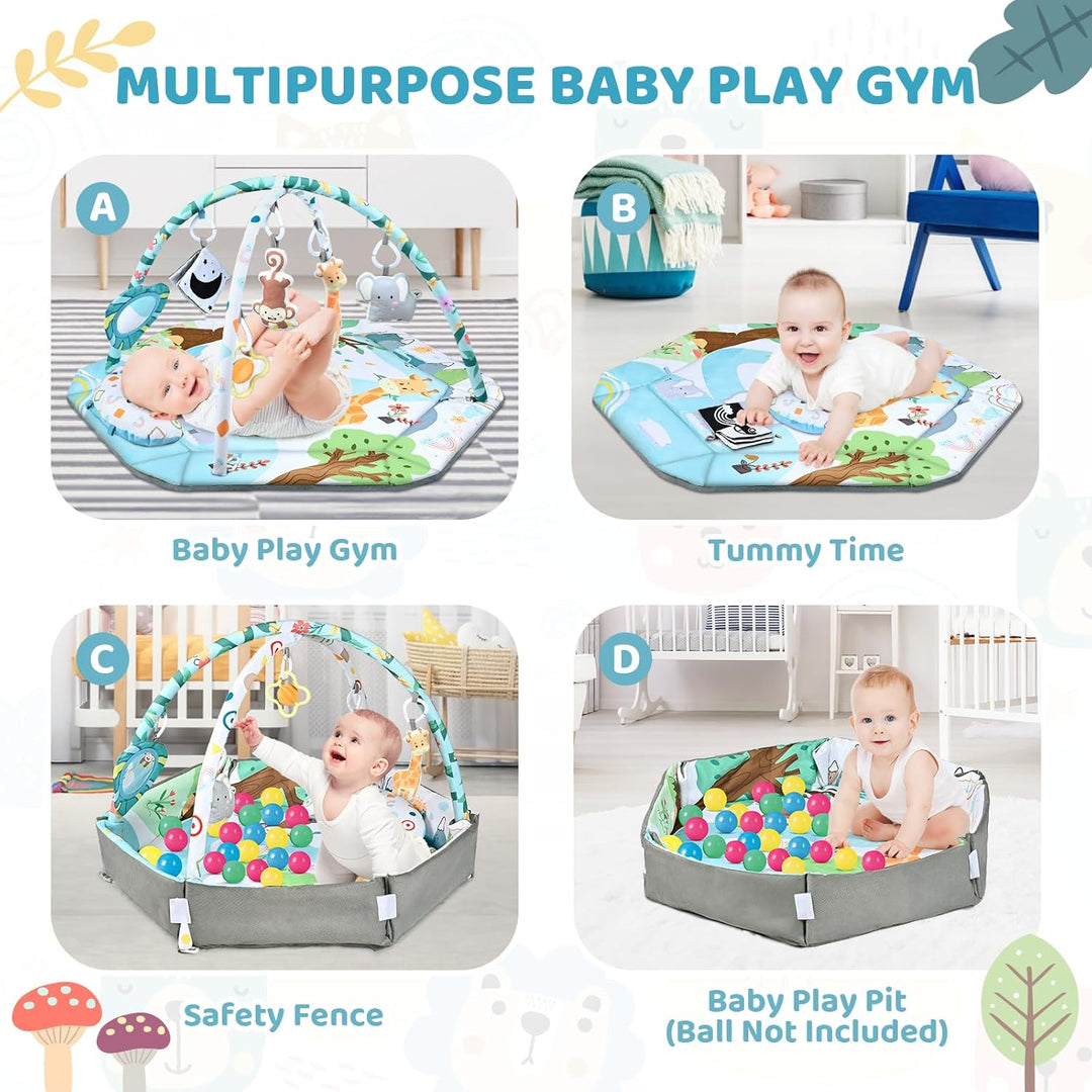 Four play mat setups showing a baby gym, tummy time, raised sides, and a ball pit