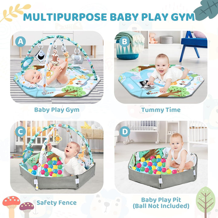 Four play mat setups showing a baby gym, tummy time, raised sides, and a ball pit
