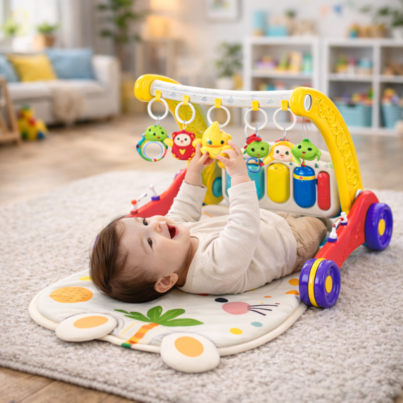 Baby lying on a padded bunny mat and reaching toward the activity gym's hanging rattles