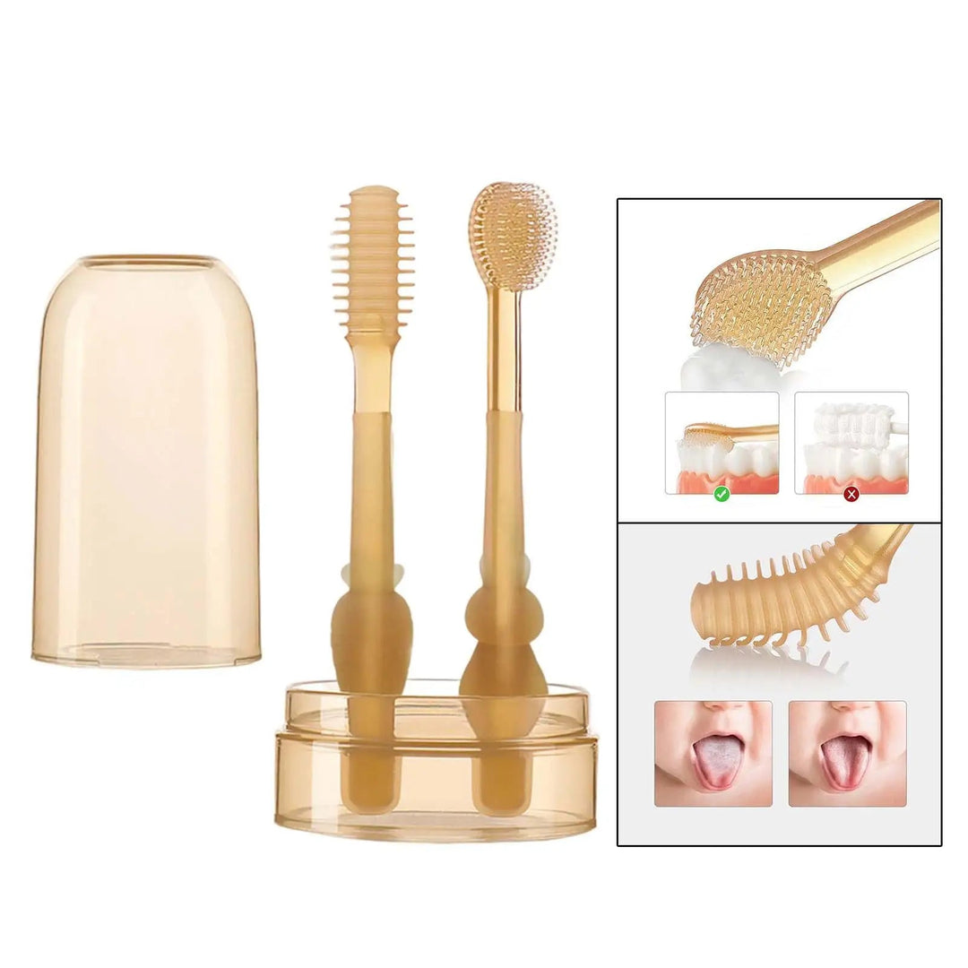 Two silicone toothbrushes in a cup beside a cover, with enlarged bristle details and brushing illustrations