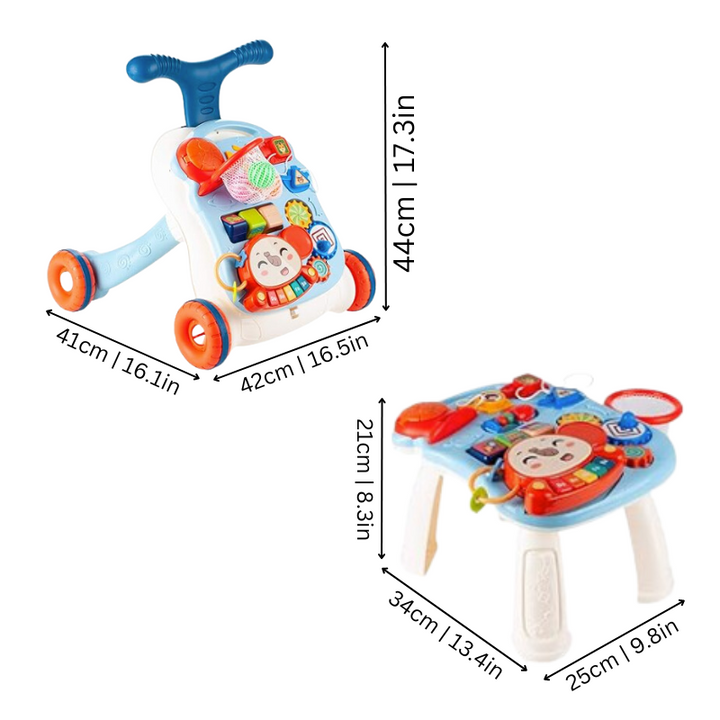 Baby walker and activity table with labeled centimeter and inch measurements