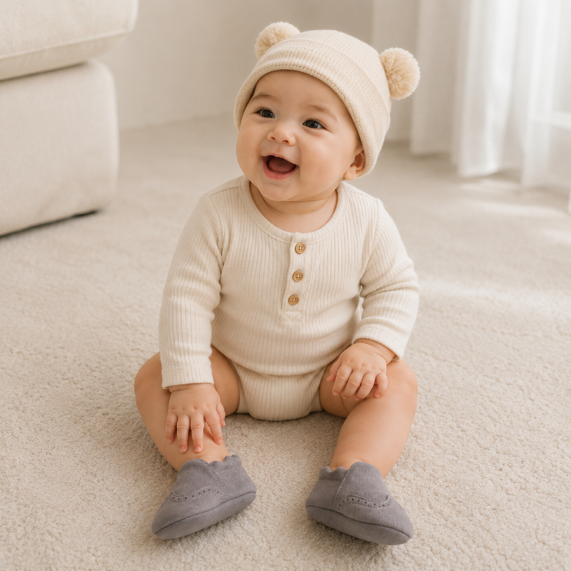 Baby seated on a carpet wearing gray baby shoes and a cream outfit