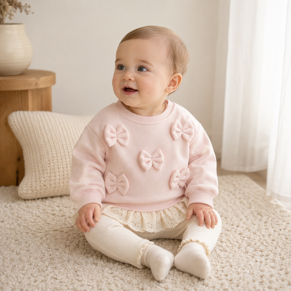 Seated baby wearing a pink bow sweater and cream ribbed pants