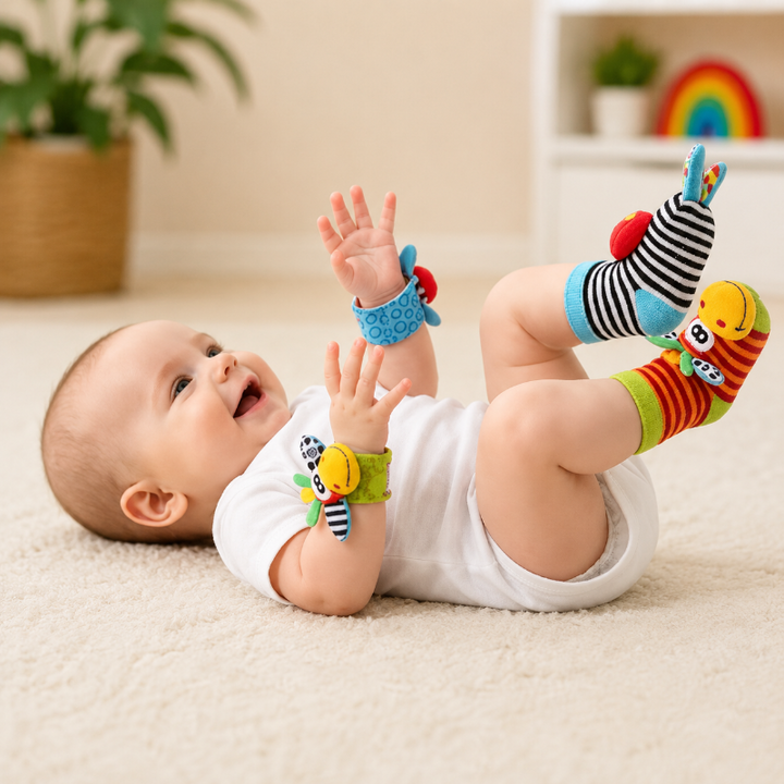 Baby lying on a rug wearing zebra and giraffe wrist rattles and striped rattle socks.