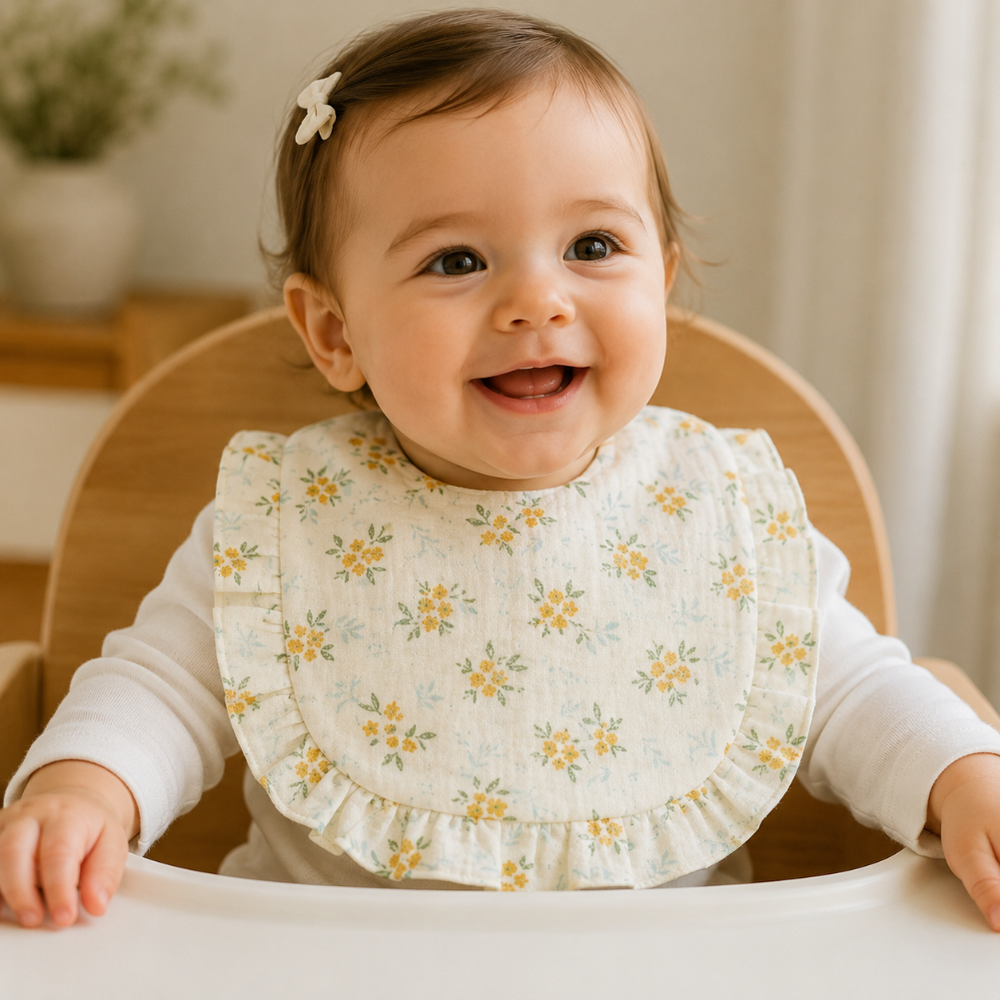 Baby wearing a yellow floral cotton bib with ruffled trim while seated in a high chair
