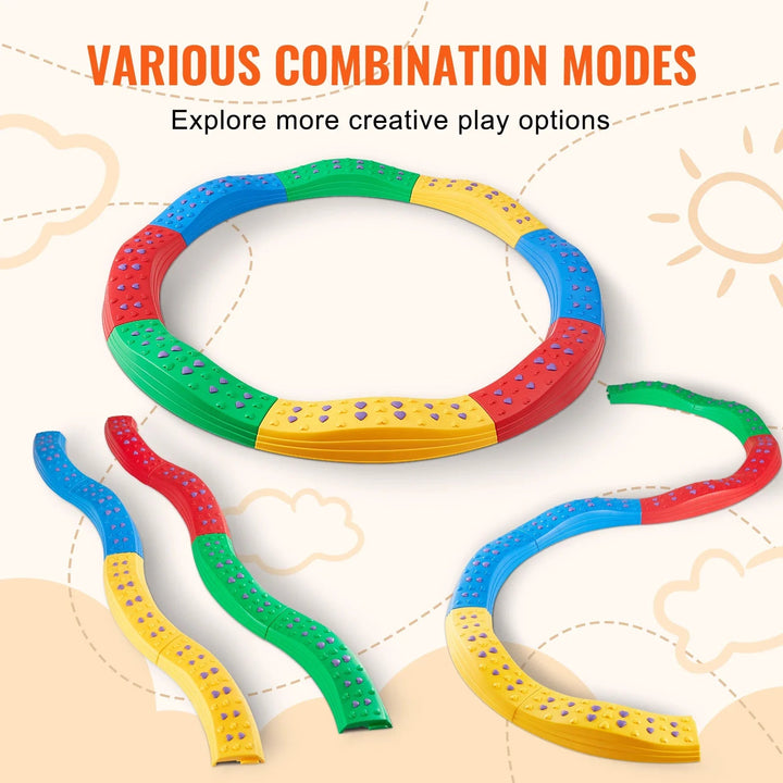 Multicolor balance beam pieces arranged in a circle and two winding paths