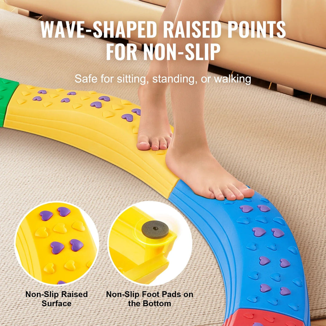 Feet on yellow and blue balance beam sections, with close-ups of raised surface details and underside footpads