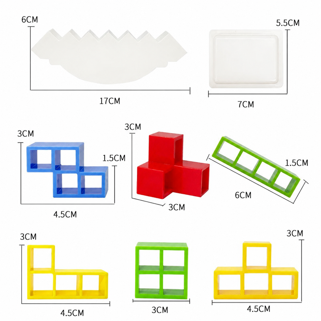Size chart for the 17 x 6 cm balancing platform, 7 x 5.5 cm base, and shaped blocks.