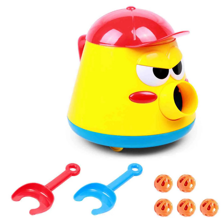 Yellow ball launcher with two scoops and five orange balls