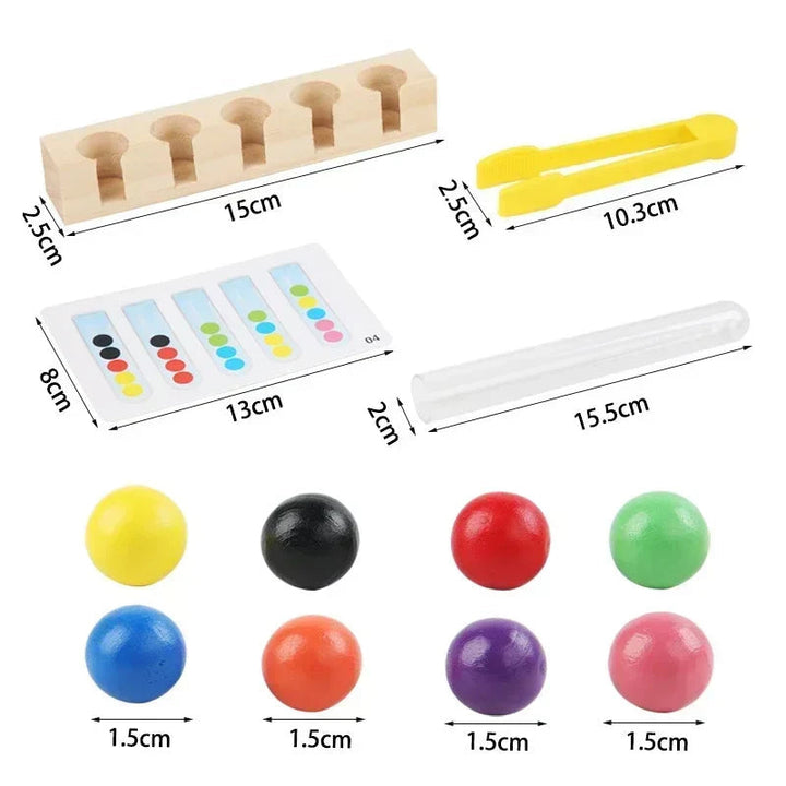Measurement chart for the wooden rack, clip, pattern cards, clear tubes and colored balls