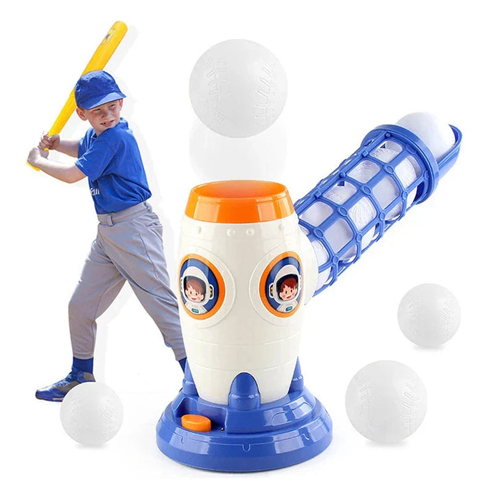 Baseball pitching machine with a blue base, orange rim, white balls, and a child holding a yellow bat
