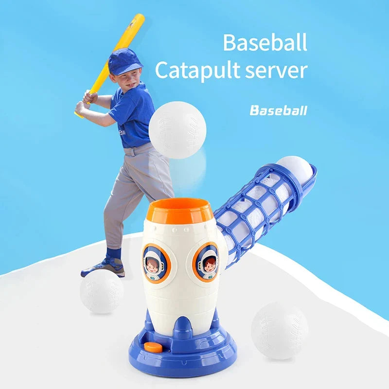 Child poised to swing a yellow bat beside a baseball pitching machine on a blue background