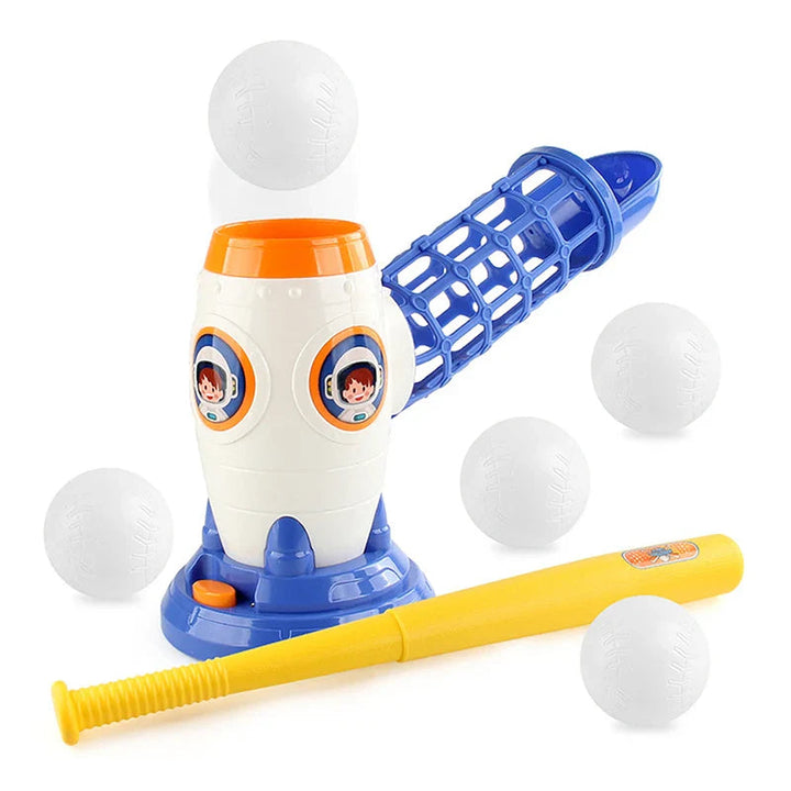Blue-and-white baseball pitching machine with a yellow bat and five white balls