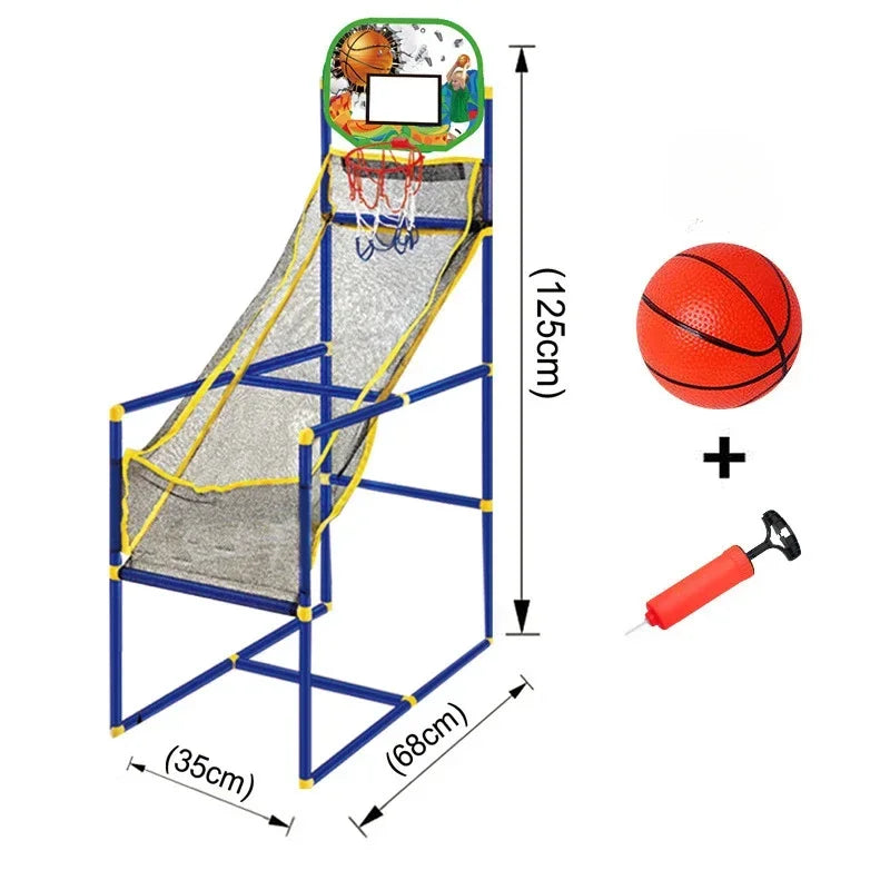 Basketball set measuring 125 cm high, 68 cm long, and 35 cm wide, shown with a ball and hand pump