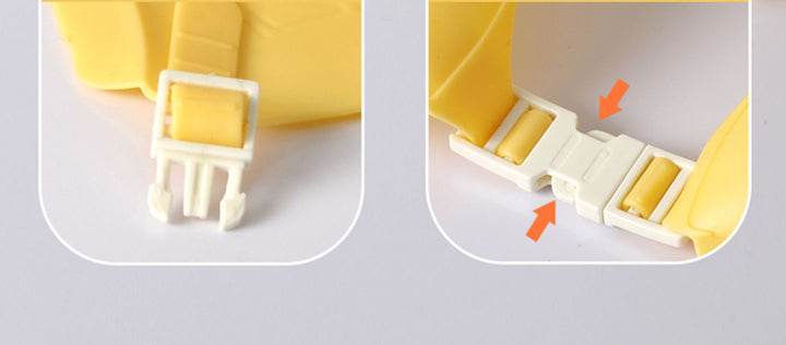Two close-up views showing the yellow bath cap&