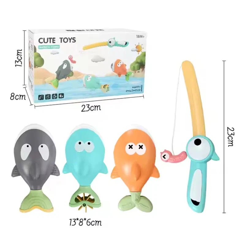 Fishing set beside its box with one rod, three fish, and printed measurements