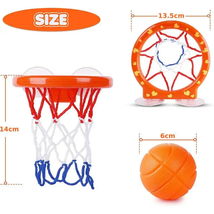 Size chart showing the 14 x 13.5 cm bath hoop and a 6 cm ball