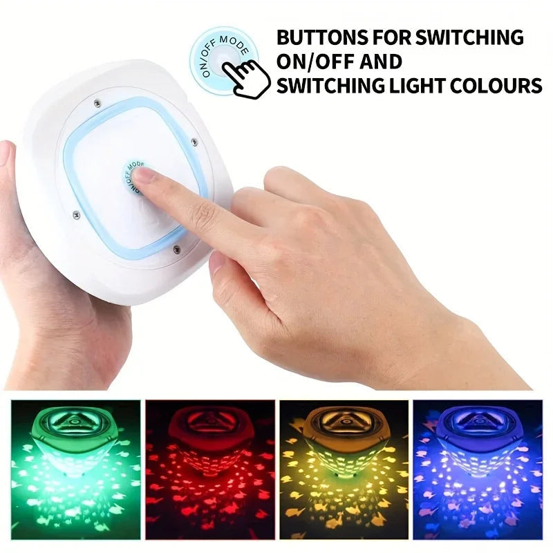 Hand pressing the bath light's top button, with green, red, yellow, and blue projection examples