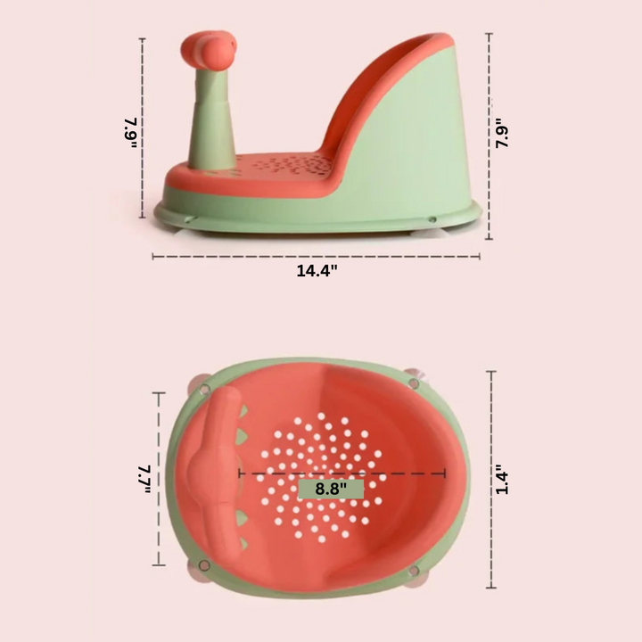 Side and overhead measurement views of a pink and green baby bath seat