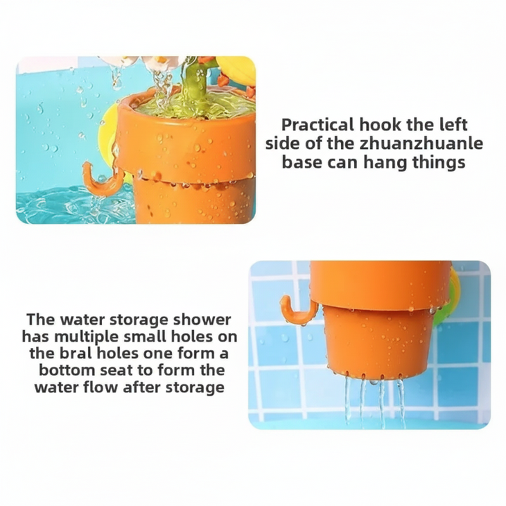 Orange bath toy bucket showing its side hook and small drainage holes