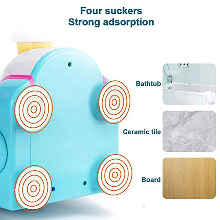 Four suction cups on the back of the bath toy beside bathtub, tile and wood surface examples