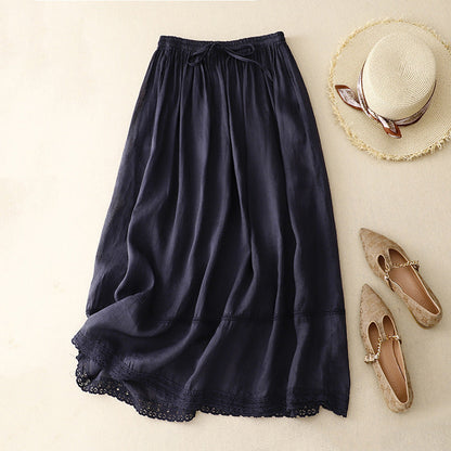 Liora Linen Skirt — Lightweight Breathable Skirt with Scalloped Lace Hem