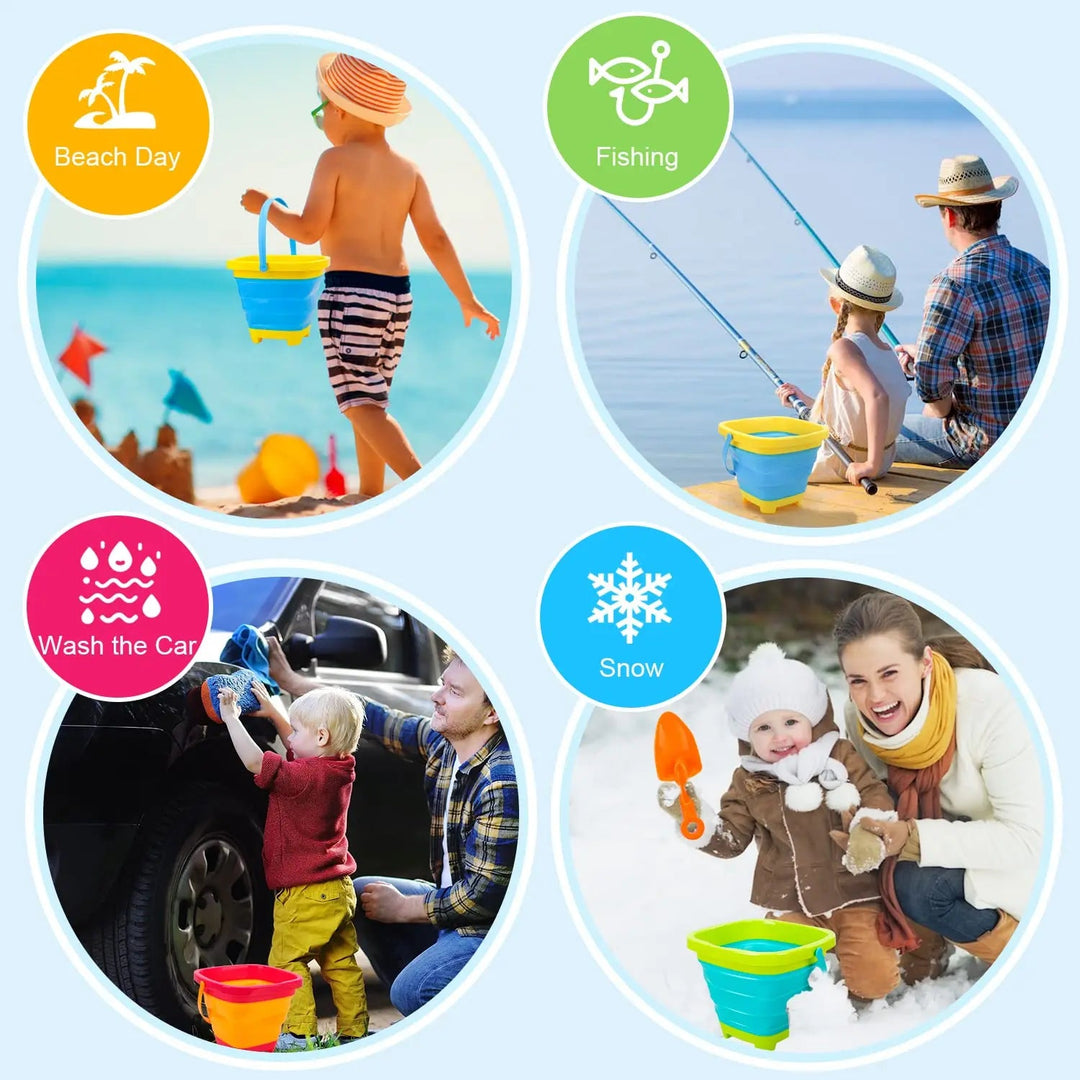 Beach bucket use collage showing beach play, fishing, car washing, and snow play