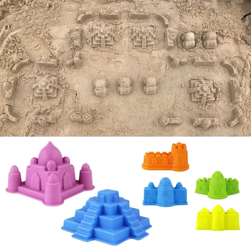 A beach scene of molded sand buildings above a six-piece collection of colorful sand molds
